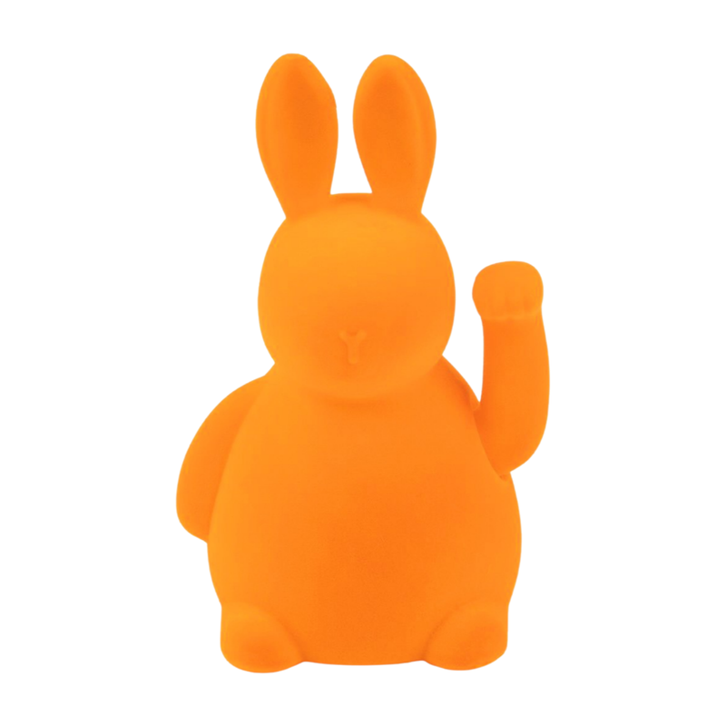 Flocked plastic lucky bunny table piece, moving arm, bright orange, 8 in  3       