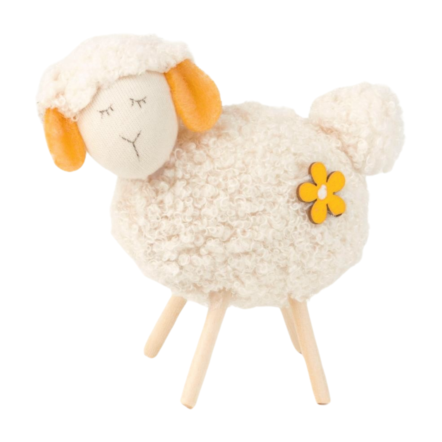 Fabric standing sheep table piece, light white boucle with daisy trim, 3.75 in  6       