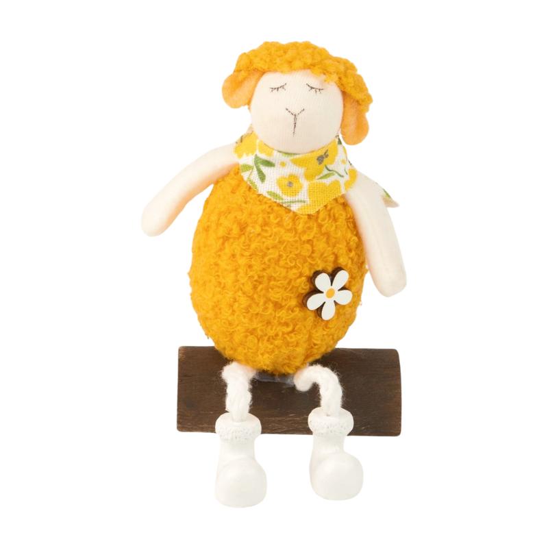 Fabric sheep table piece on wood base, light orange boucle, dangling feet with resin boots, 6 in  6       