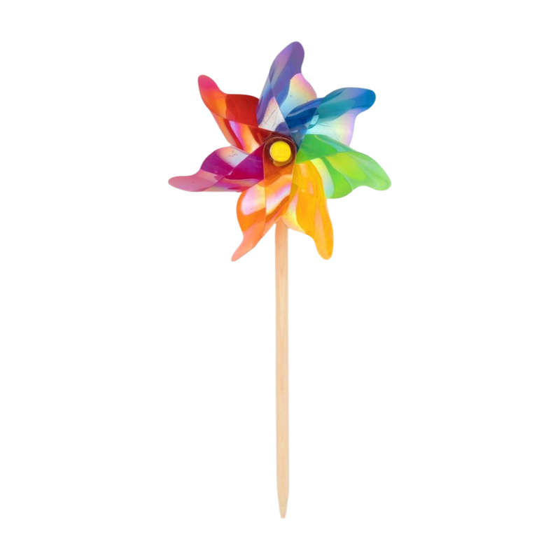 Iridescent rainbow pinwheel on wood pole, 12 in  12       