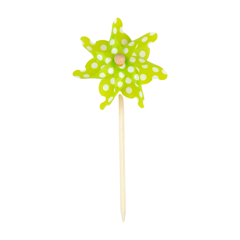 Green polka dot pinwheel on wood pole, 12 in  12       