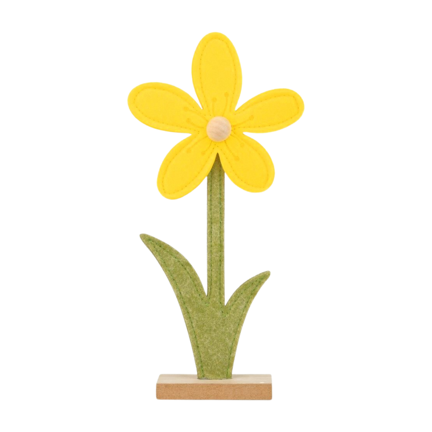 Felt daisy table piece, yellow with natural colour center, green leaves on wood base, 10 in  12       
