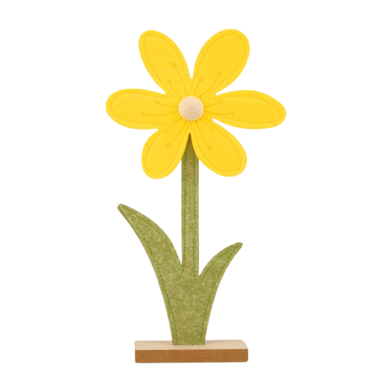 Felt daisy table piece, yellow with natural colour center, green leaves on wood base, 12 in  6       