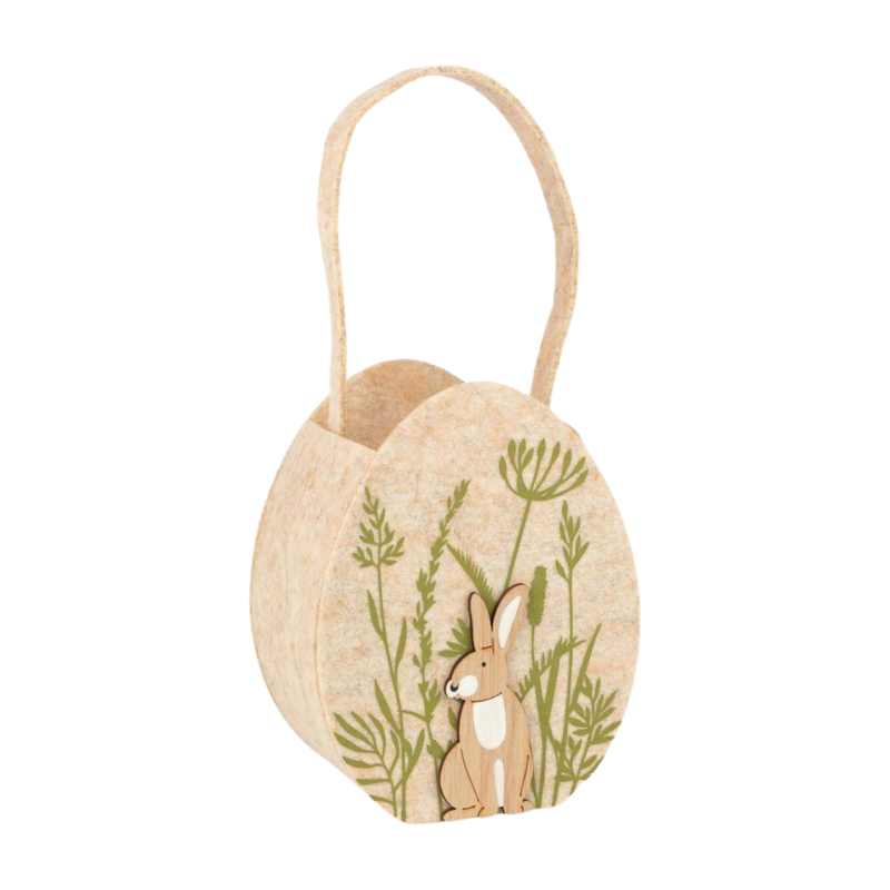 Felt egg shape basket, natural colour with green floral embossing, 12 in  6       
