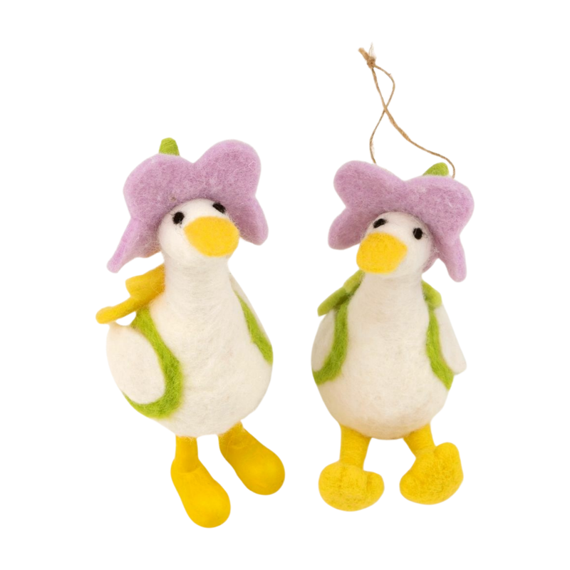 2 Asst&#39;d felt duck ornaments with green vests and lavender hats, 5 in  8       