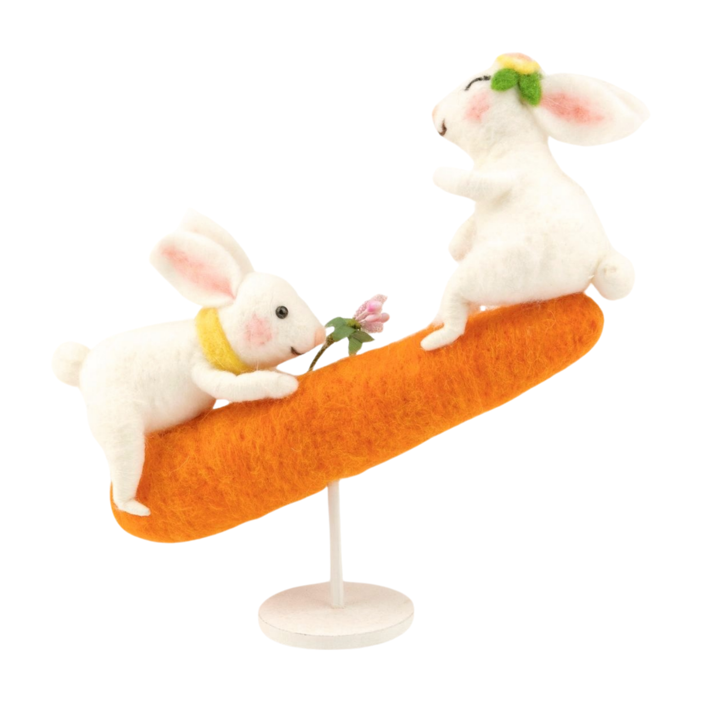 Felt bunnies on carrot teeter totter table piece, wood base, 8 in  2       