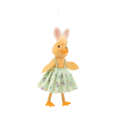 Felt chick with bunny ears ornament, pale green floral dress, 6 in  6       