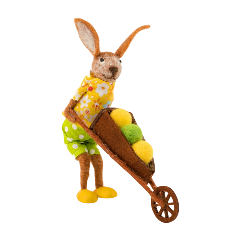 Bunny pushing wheelbarrow, yellow and green clothes and eggs, 7.5 in  2       