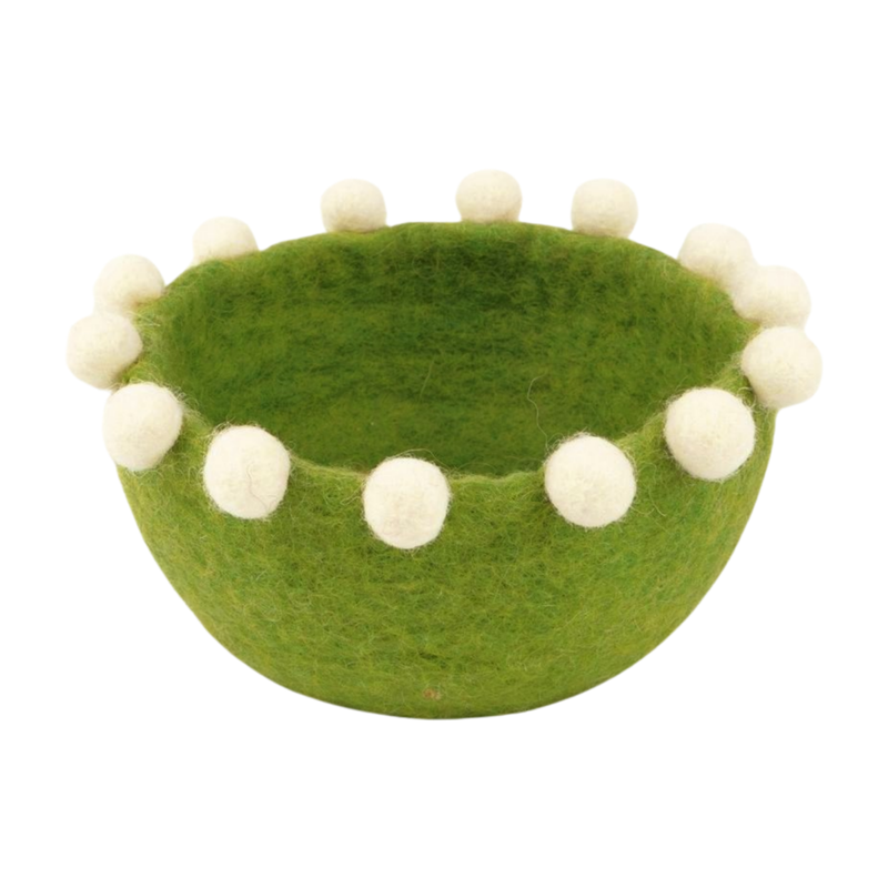 Felt basket with natural felt ball rim, green, 5 in  6       