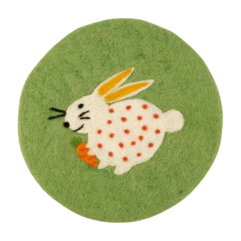 Circular felt trivet, pale green with detailed bunny design inlay, 8.5 in  6       