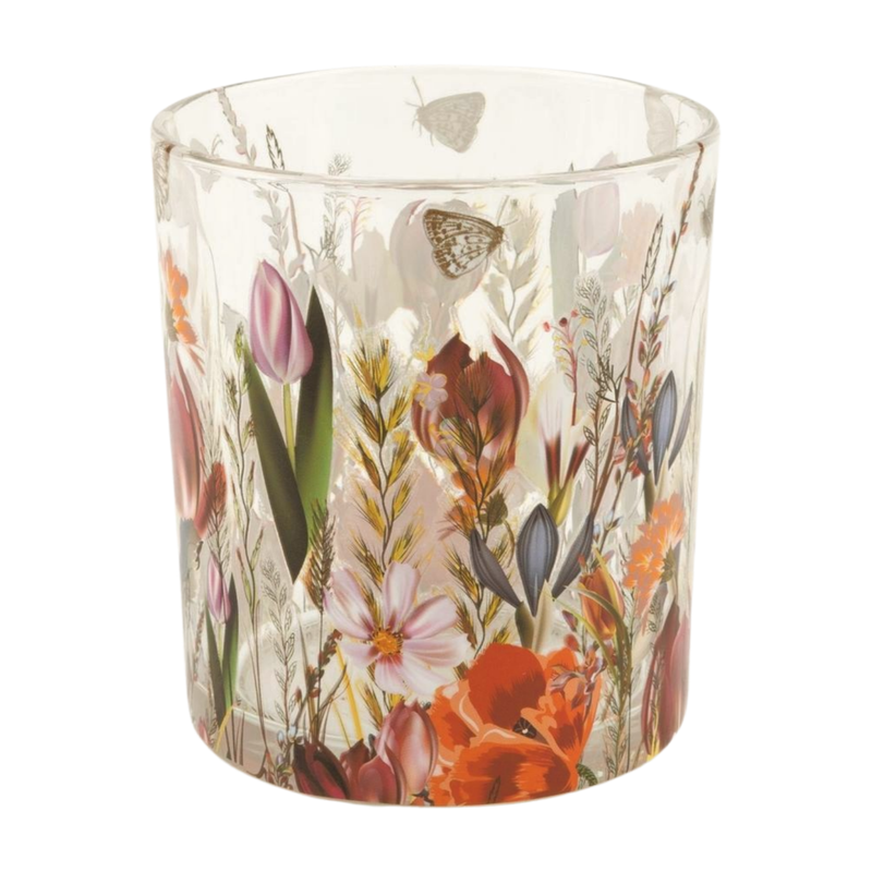 Clear Glass holder table piece with darker spring flower pattern, 3 in  6