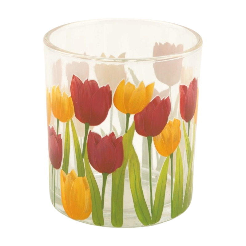 Clear glass votive holder with bright tulip pattern, 3 in  6       
