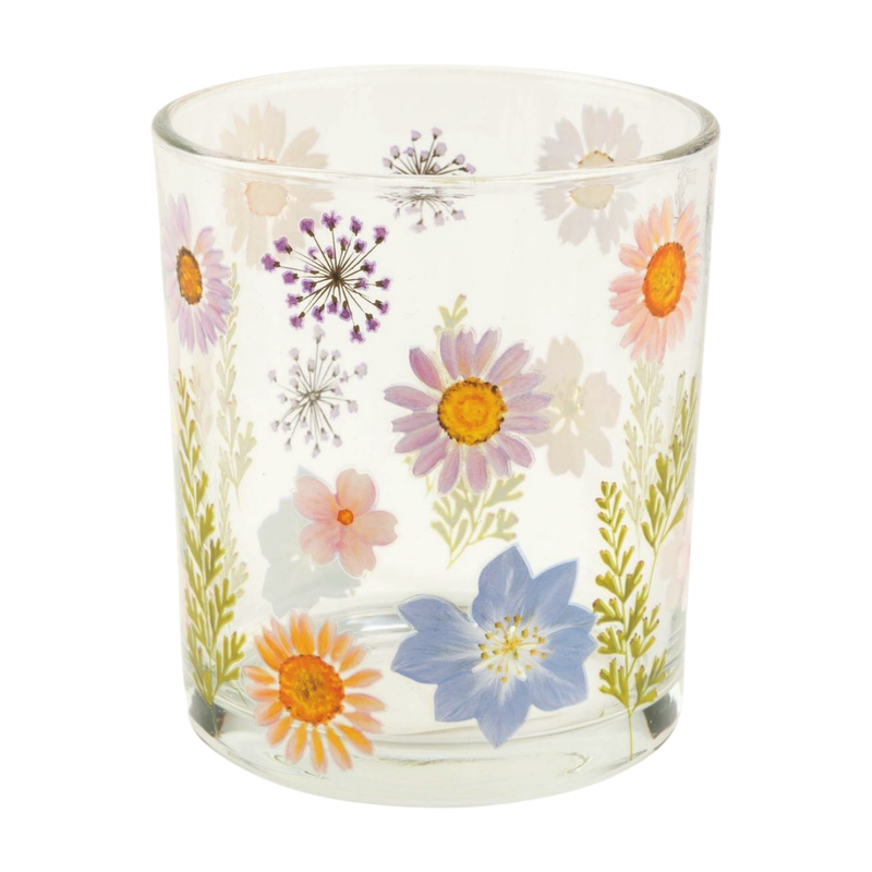 Clear glass votive holder with wildflower print, 4 in  6       
