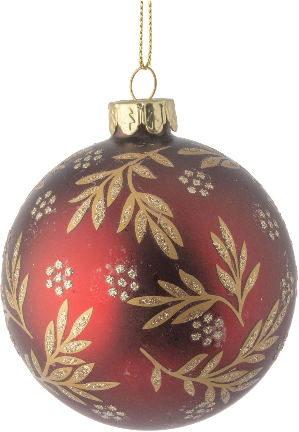 Matte red glass ball w glittered leafy branches motif orn  12