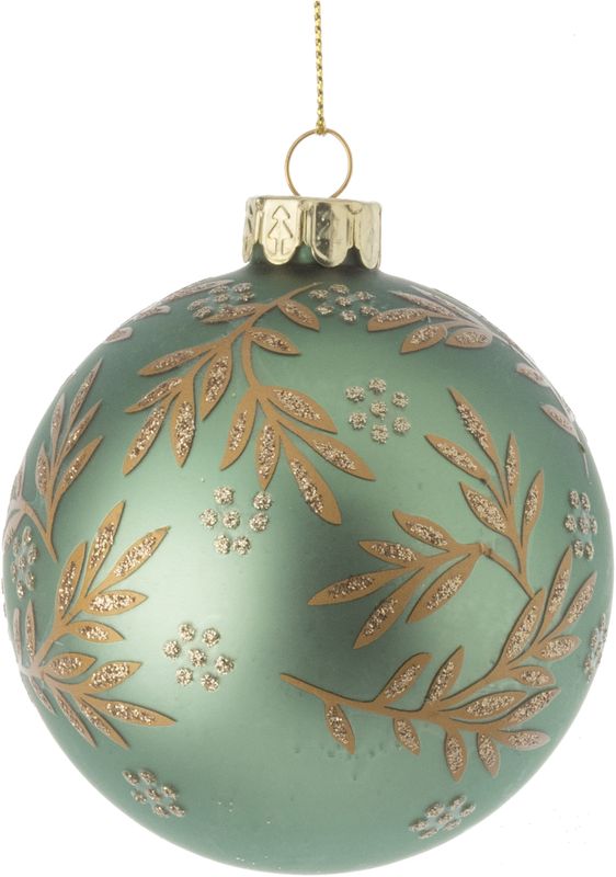 Matte pale green glass ball w glittered leafy branches motif orn  12