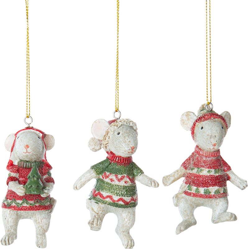 3 Asst&#39;d mice in Christmas outfit ornaments, 3.25 in  12