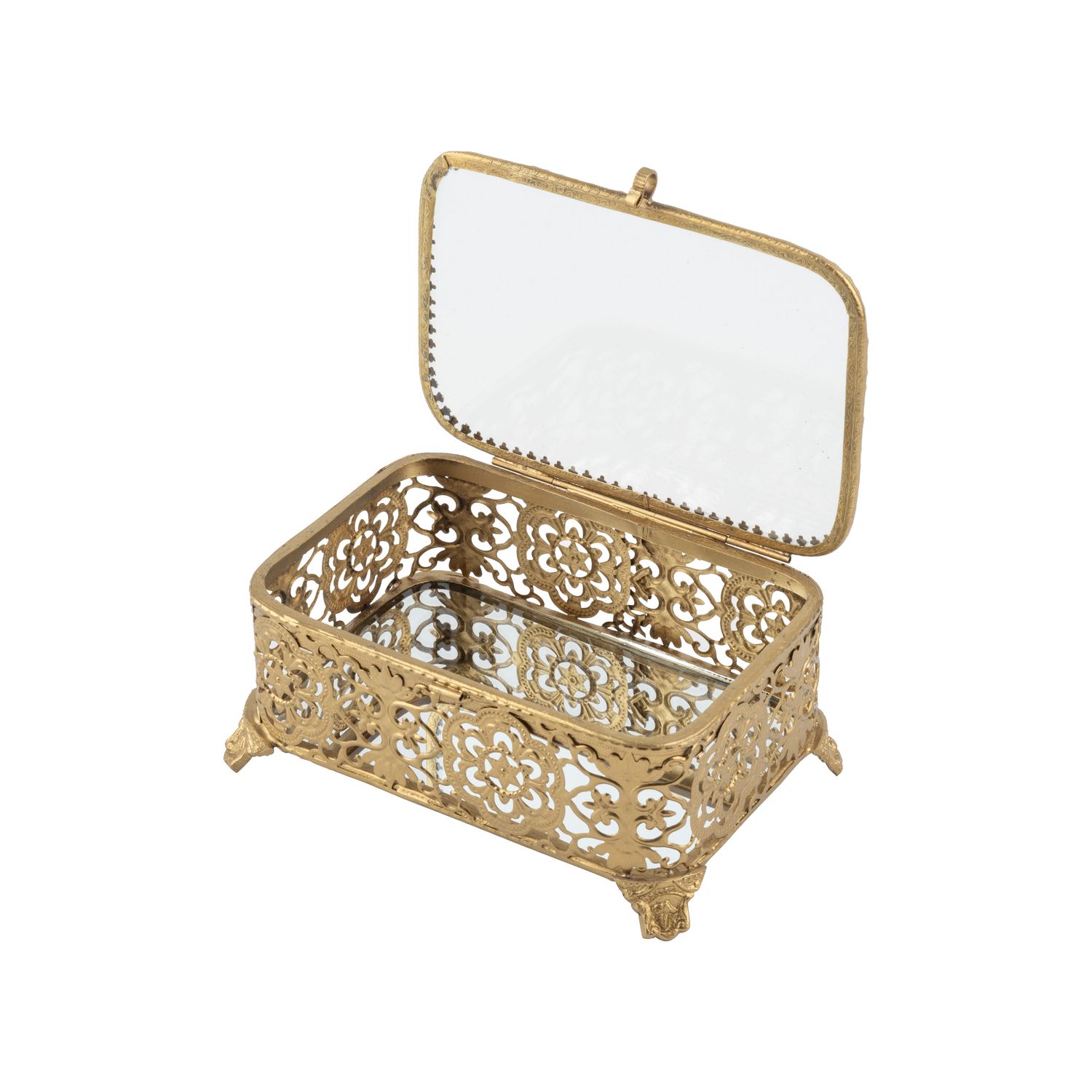 Rectangular filigree metal box with mirrored base and glass top, 6.5 in  2           