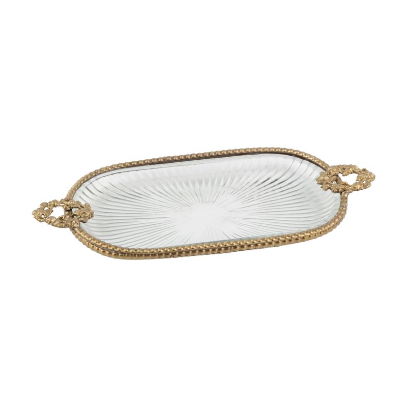 Oblong starburst molded glass dish in worked metal frame, wreath shape cast metal handles, 10.5x5 in  2           