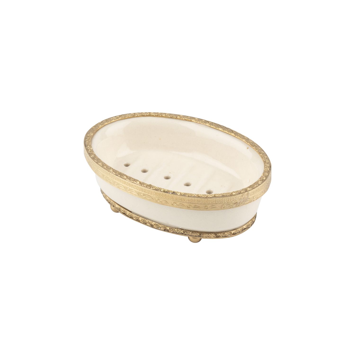 Double layer ceramic soap dish in worked metal frame, cast feet, 6 in  2           