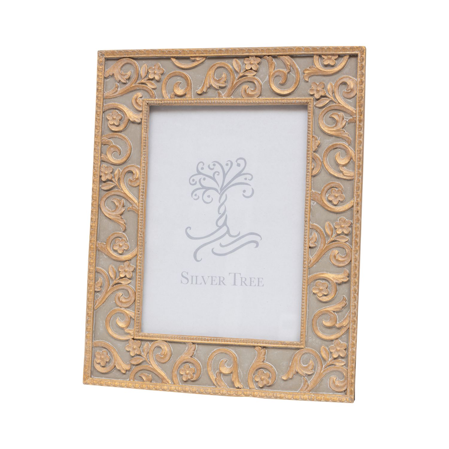 Resin picture frame, scroll and floral border, pale grey and matte gold, fits 5x7 photo  4           