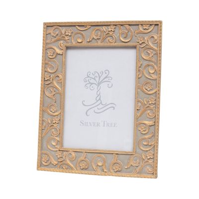 Resin picture frame, scroll and floral border, pale grey and matte gold, fits 5x7 photo  4           