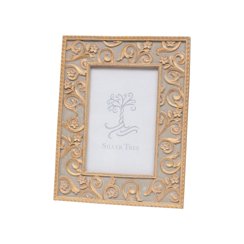 Resin picture frame, scroll and floral border, pale grey and matte gold, fits 4x6 photo  4           