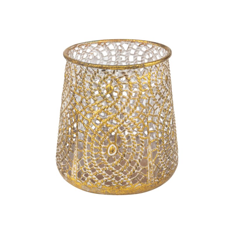 Filigree metal votive holder with glass insert, weave pattern, antique gold 4.3 in  6