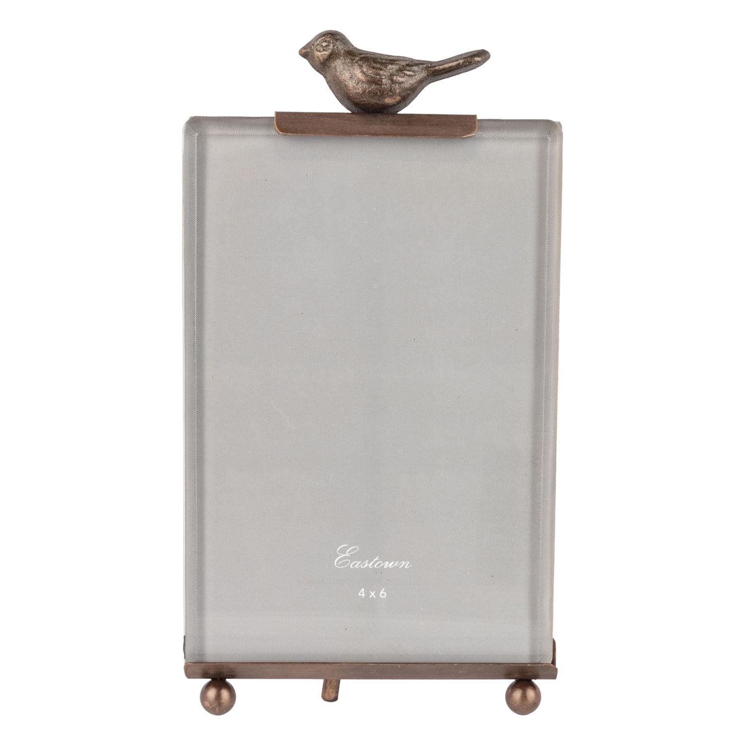 Beveled glass and bronzed metal easel frame with bird topper, fits 4x6 portrait photo  6           