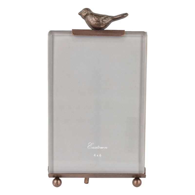 Beveled glass and bronzed metal easel frame with bird topper, fits 4x6 portrait photo  6           