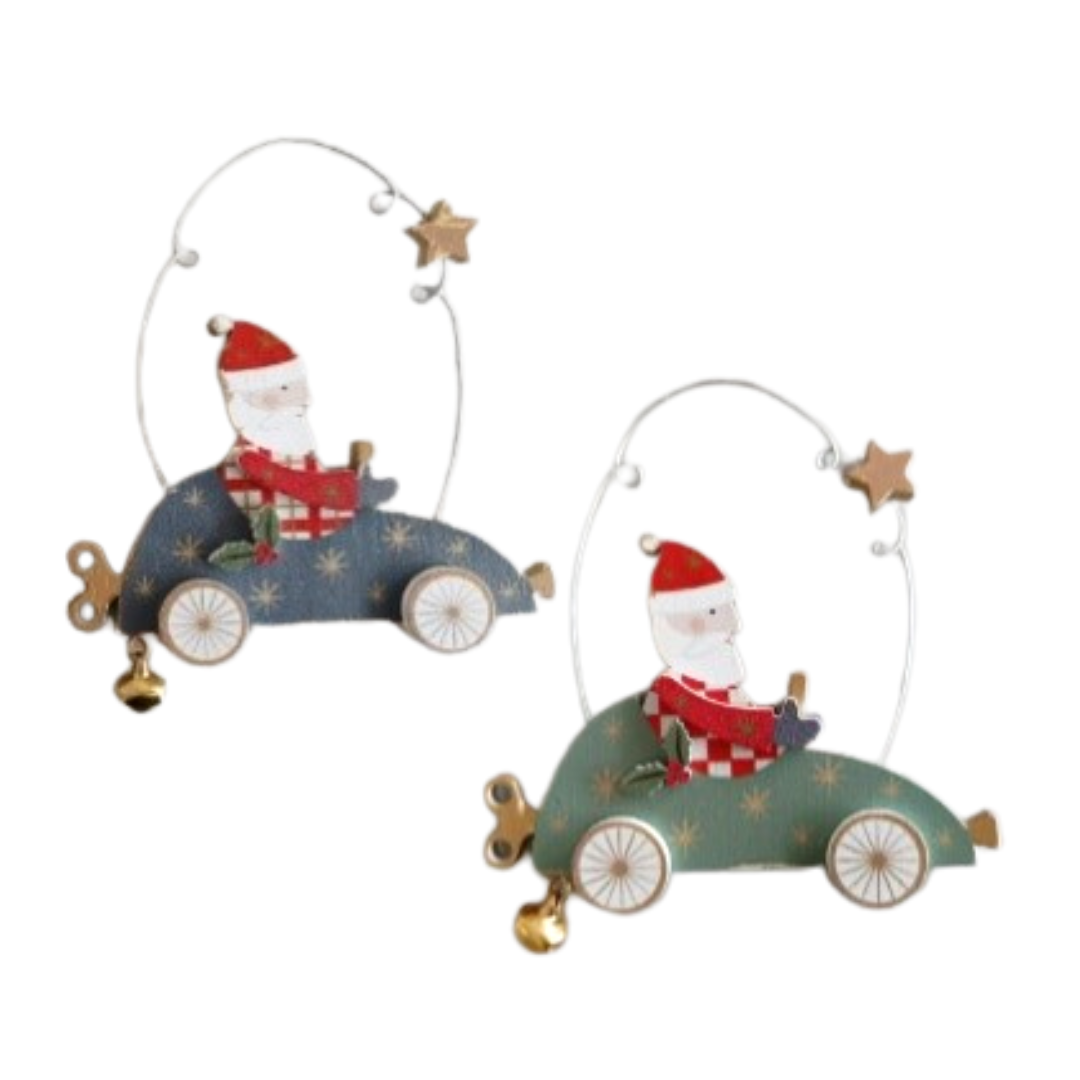 2 Asst&#39;d wood toy box Santa in green min cars with key, wire hoop and bell ornaments, 3 in  24