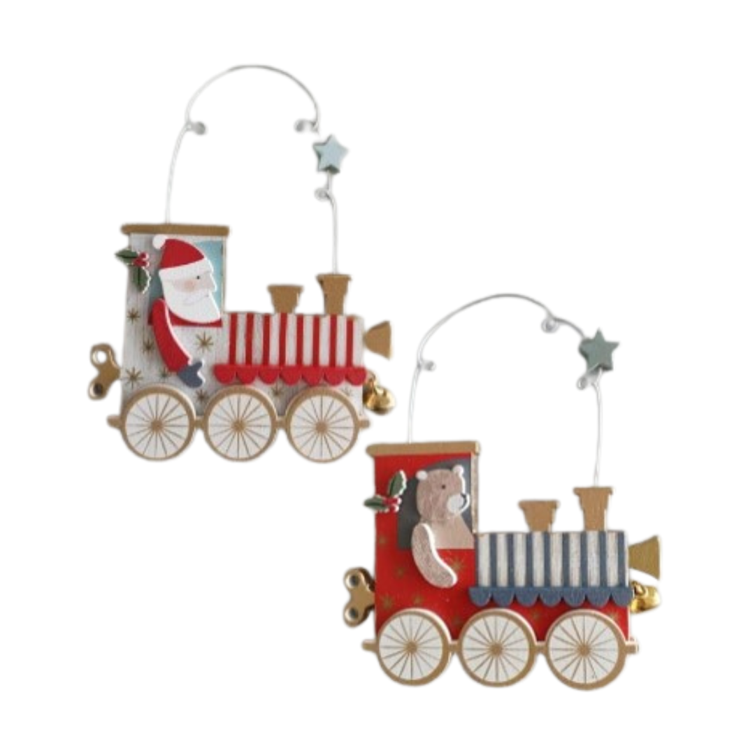 2 Asst&#39;d wood toy box Santa and bear in red and green striped train engine with key, wire hoop and bell ornaments, 3 in  24