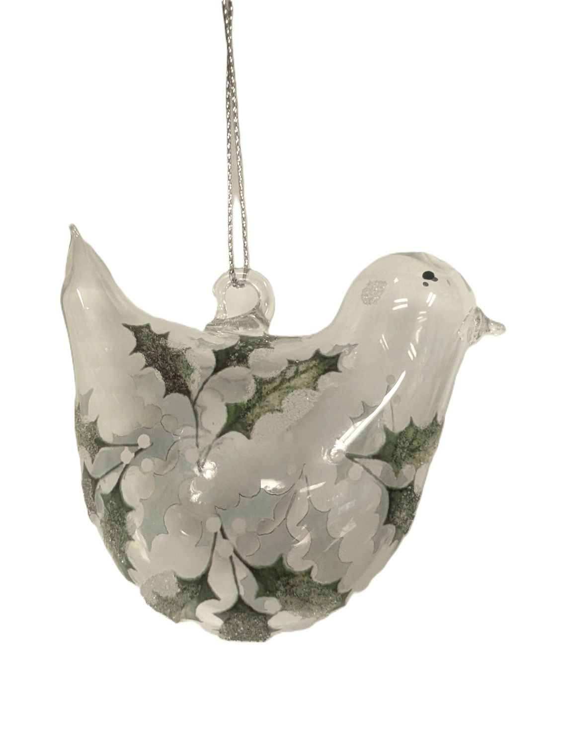 Clear glass bird ornament with holly print, 80mm/3 in  12