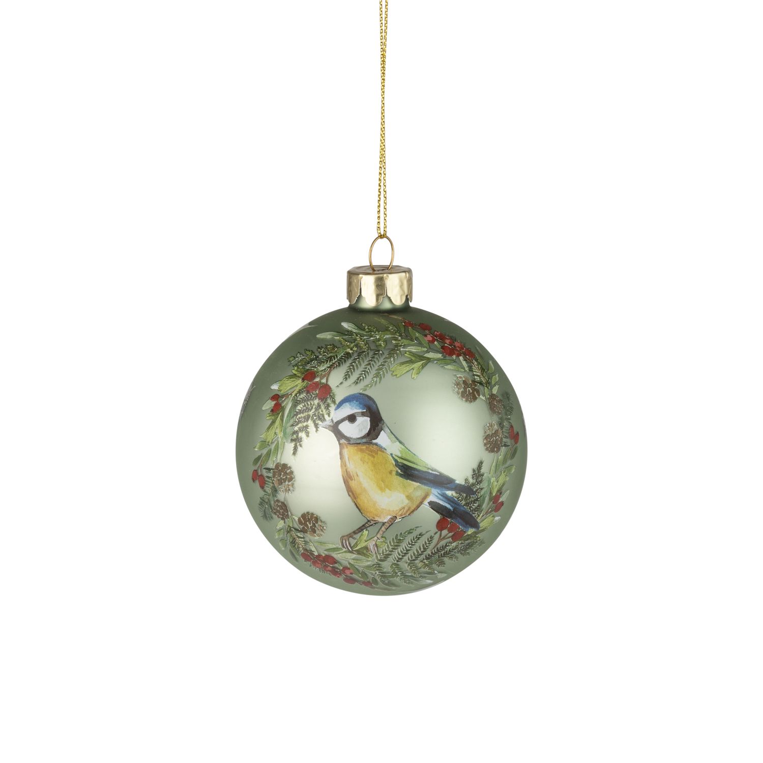 Glass ball ornament, pale green with blue bird in berry wreath motif, 80mm/3 in  12