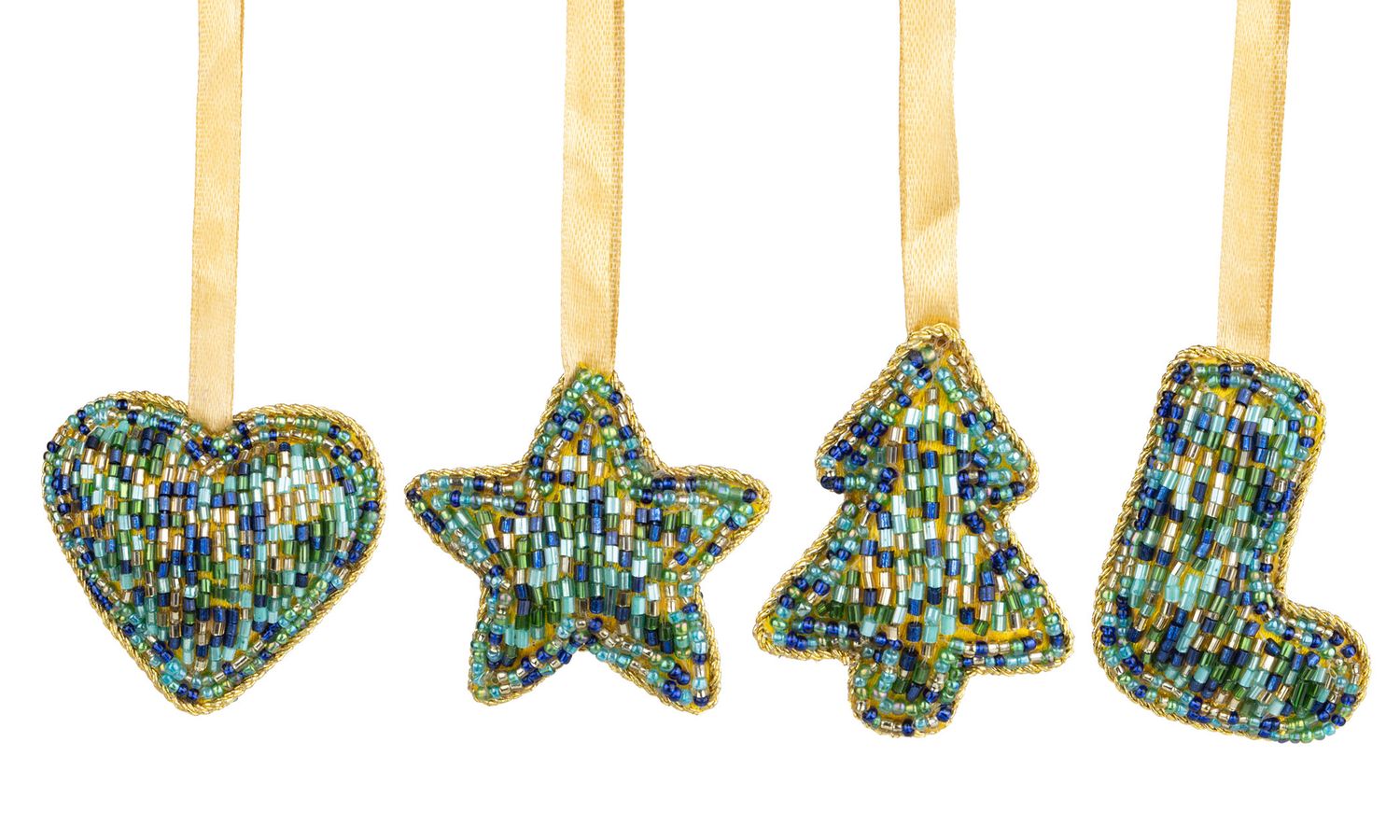 4 Asst&#39;d mini peacock bead ornament, star, heart, tree, stocking, 2 in  24