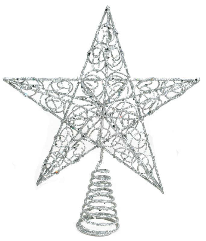 Silver glittered wire tree topper with circle pattern, 10 in  6