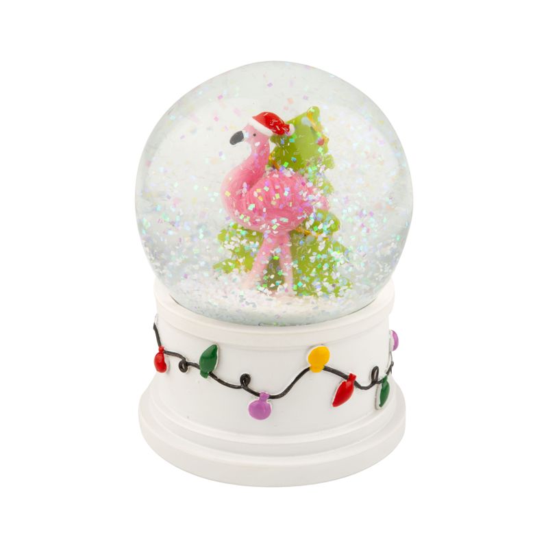 Christmas flamingo with Santa hat snow dome on white base with light string, 3.75 in  6