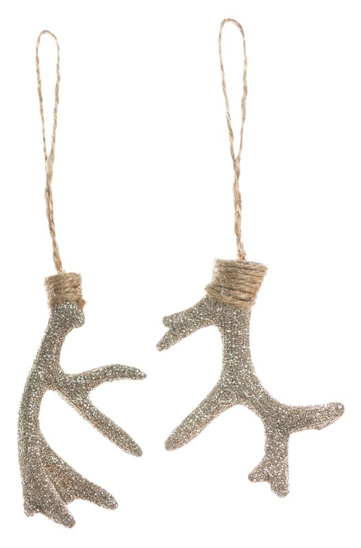 2 Asst&#39;d textured resin antler ornament w/rope top and hanger, champagne glitter, 3 in  24