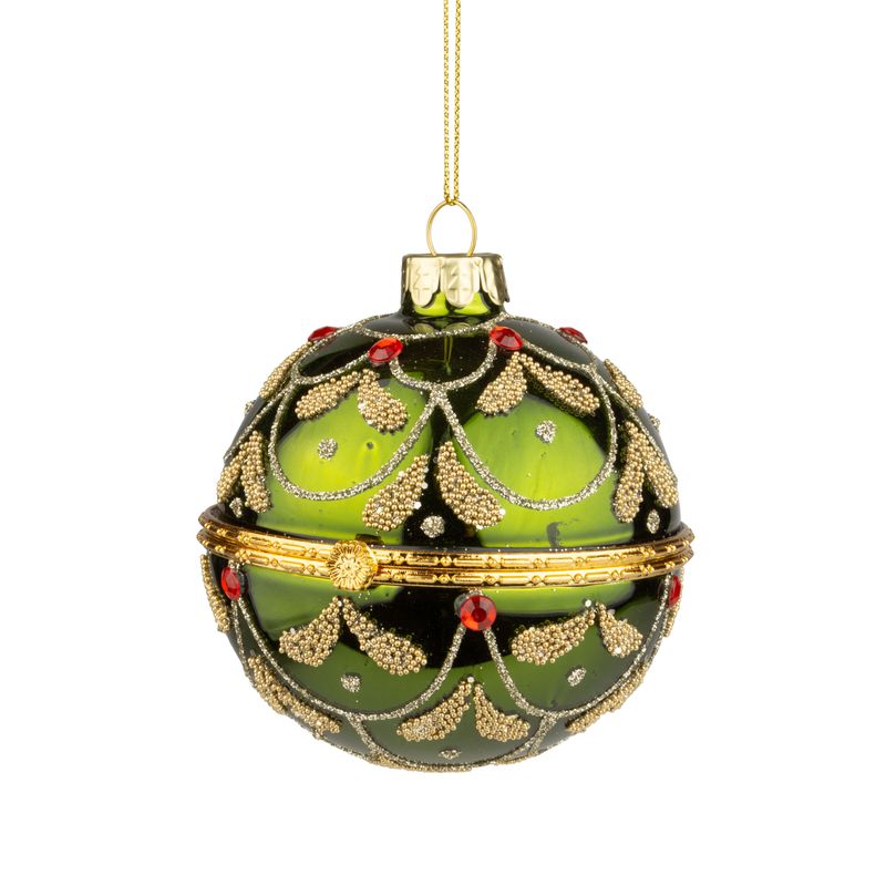 Glass trinket holder ball, shiny green with gold glitter swags, red jewels and gold metal hinge, 3 in  6