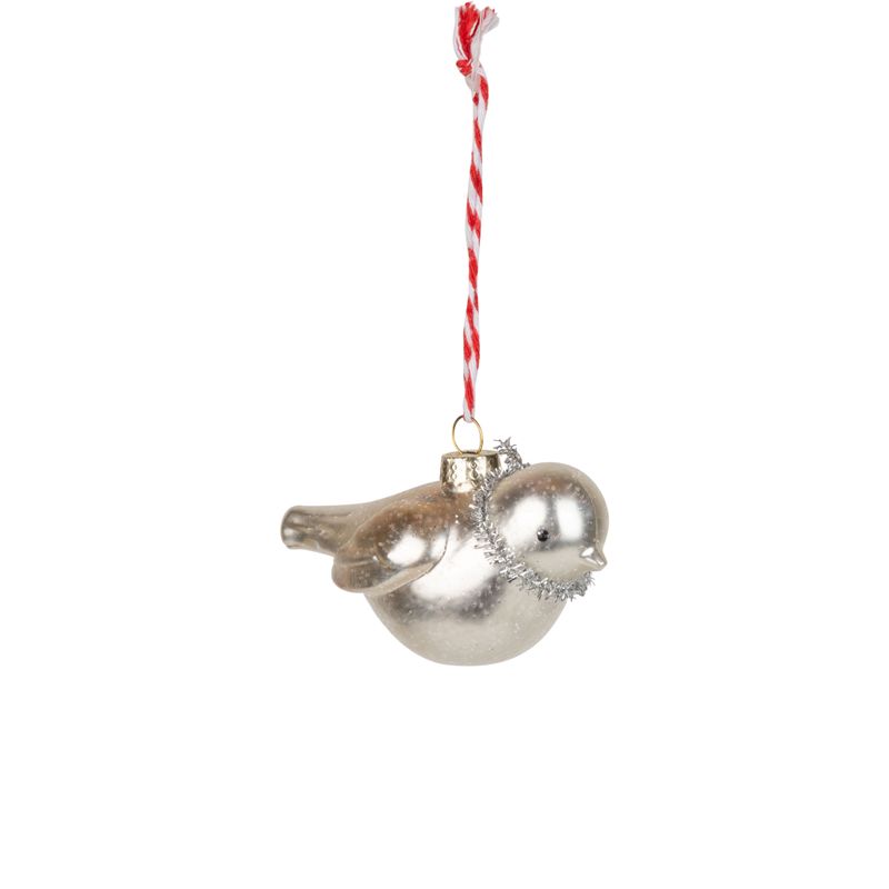 Silver glass bird ornament with tinsel 4 in  12
