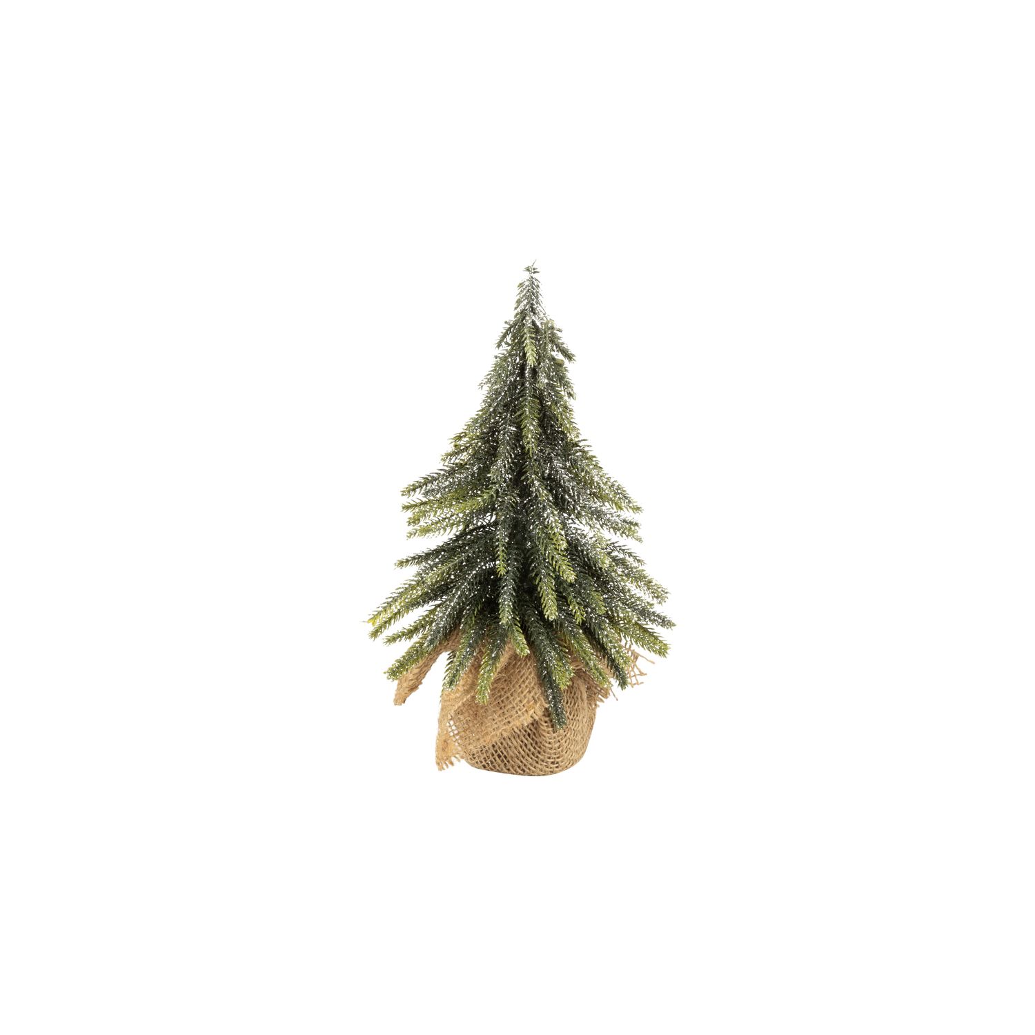 Mini faux balsam tree, dark green with silver glitter in burlap base, 10 in  6