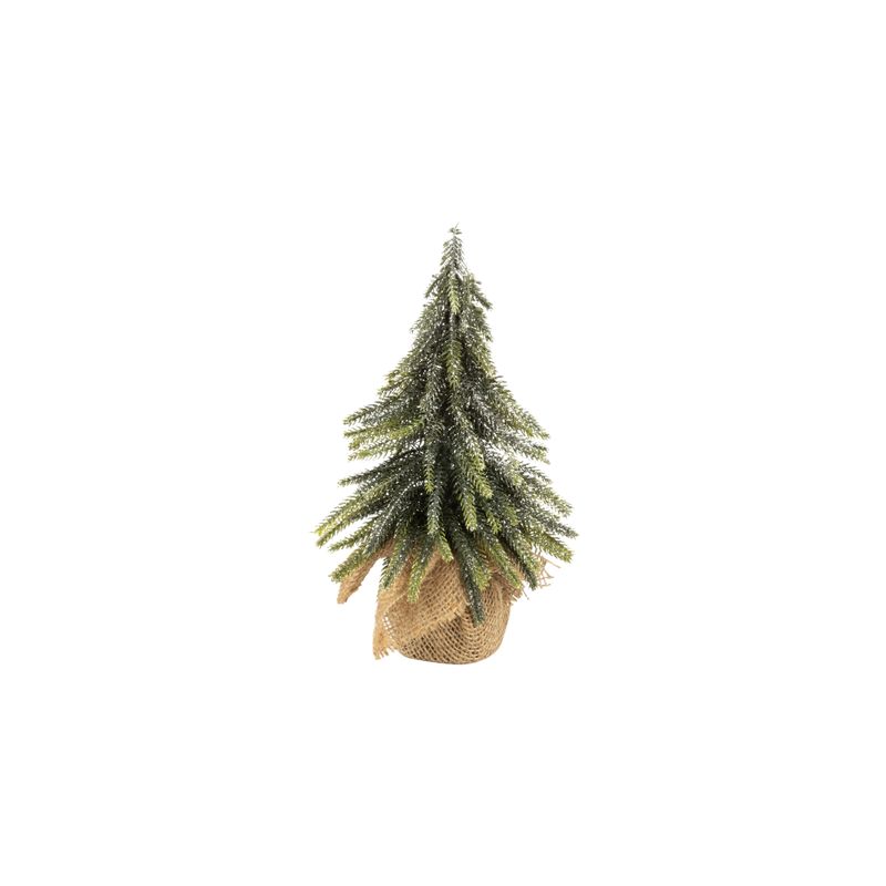 Mini faux balsam tree, dark green with silver glitter in burlap base, 10 in  6