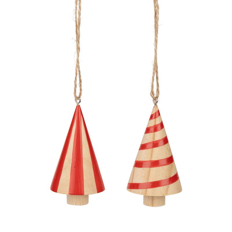 2 Asst&#39;d wood cone tree ornament, natural and red ribbon swirl and natural and red cone stripe, 3+3.5 in  16