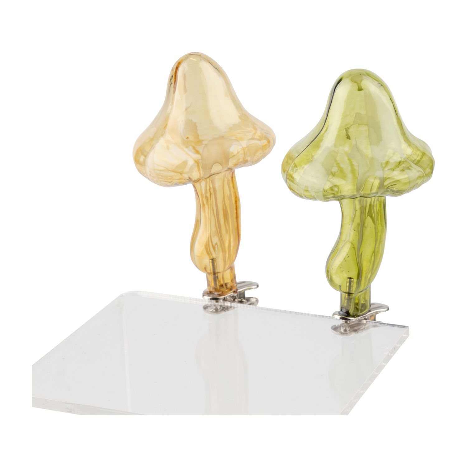 2 Asst&#39;d translucent glass clip on mushroom ornament, amber and green, 4.5 in  12