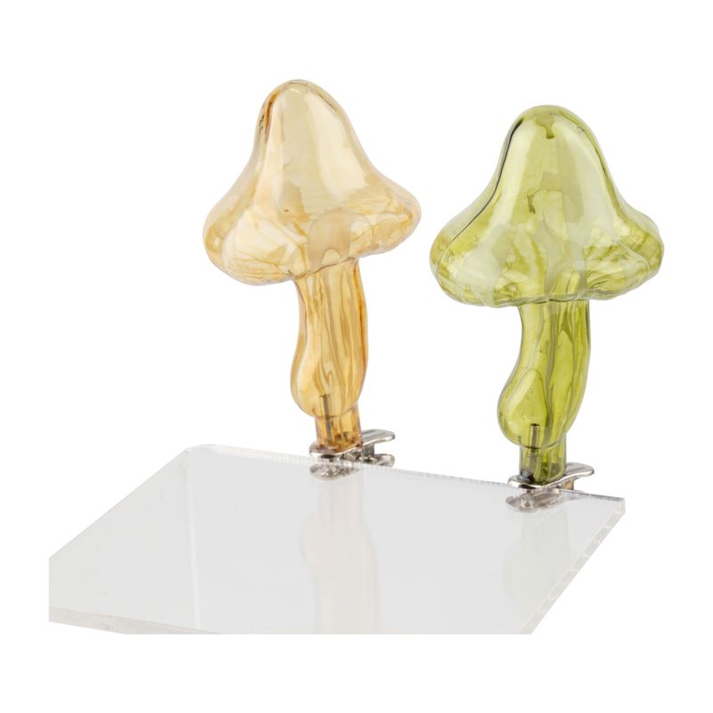 2 Asst&#39;d translucent glass clip on mushroom ornament, amber and green, 4.5 in  12