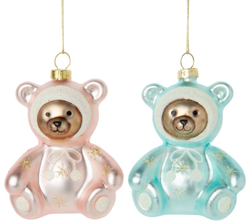 2 Asst&#39;d Blown glass Baby&#39;s first teddy decoration, inscription on reverse 3.5 in  12