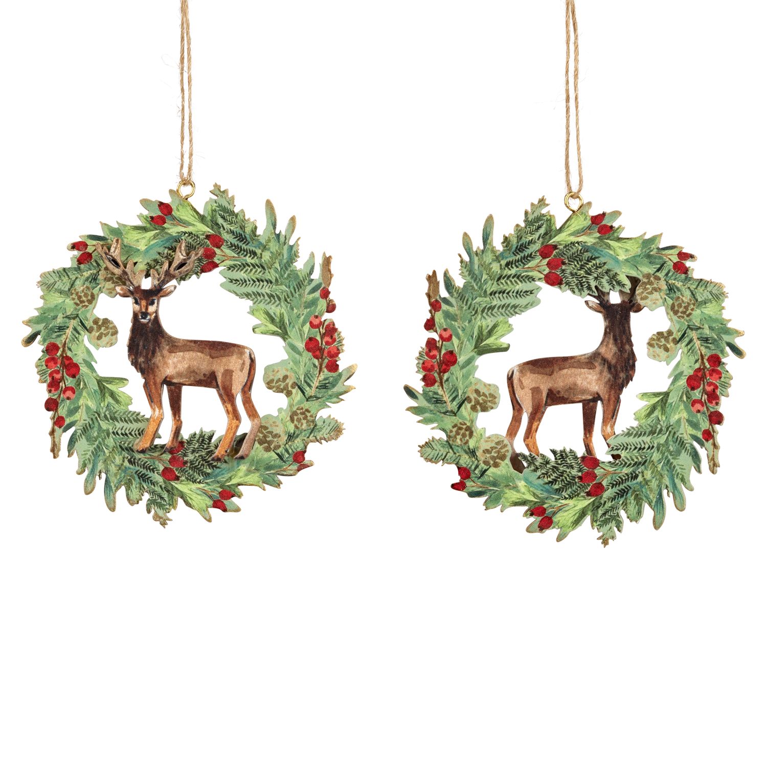 Screen printed wood stag in wreath ornament, 4 in  24