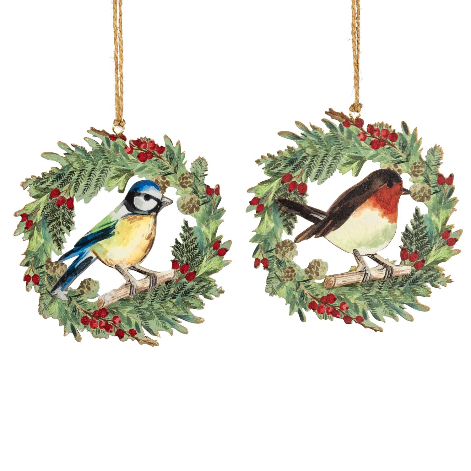 2 Asst&#39;d screen printed wood robin and bluebird in wreath ornament, 4 in  24