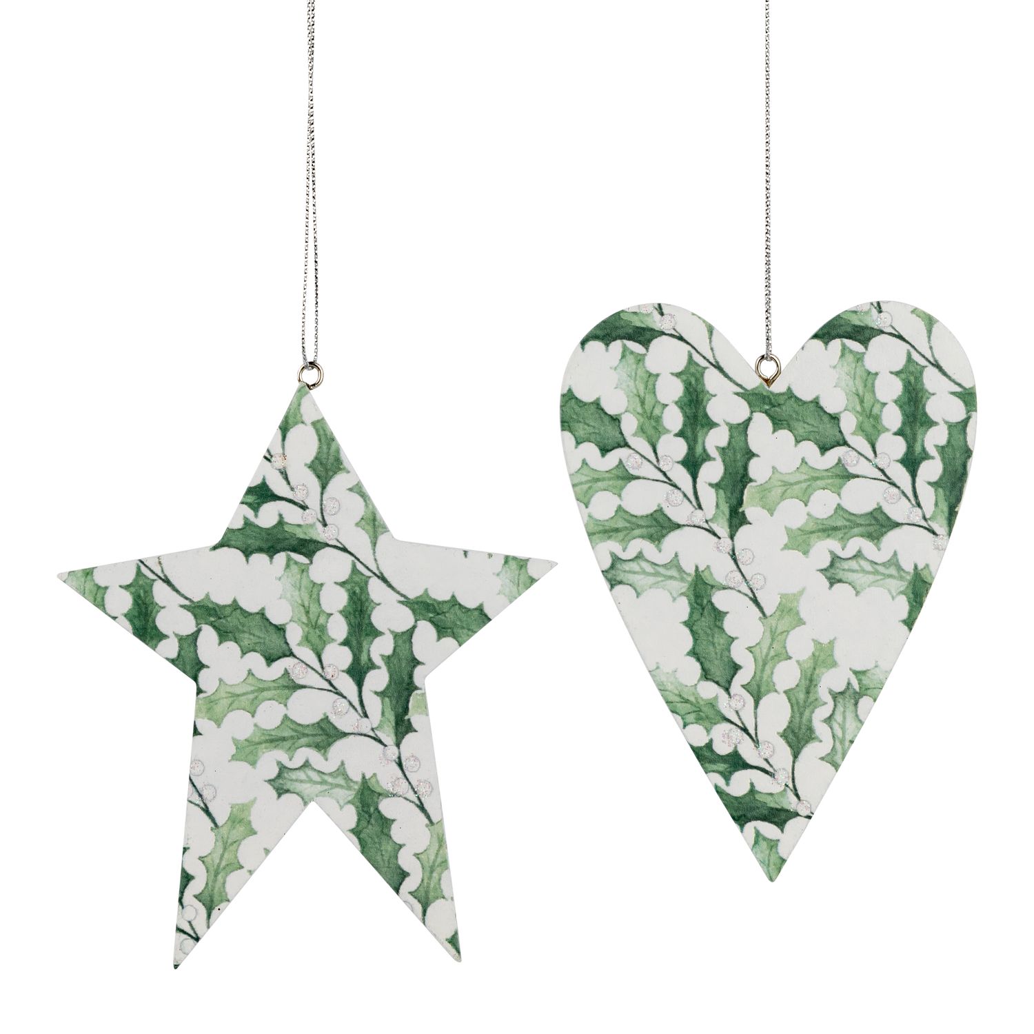 2 Asst&#39;d screen printed wood white heart and star holly ornament, 4.75 in  24
