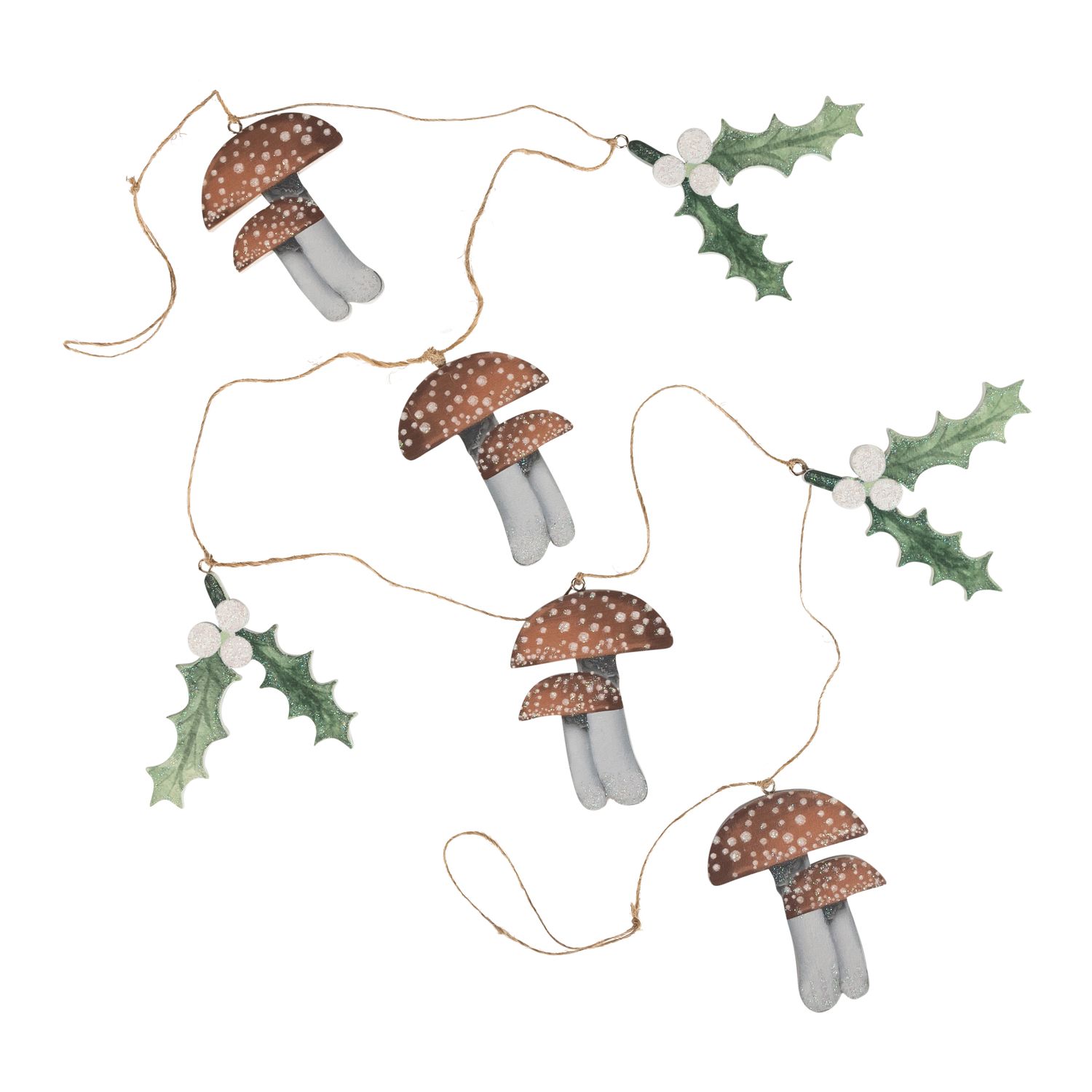 Screen printed wood natural and white mushroom with green holly garland, 47 in  6