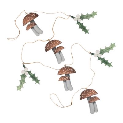 Screen printed wood natural and white mushroom with green holly garland, 47 in  6